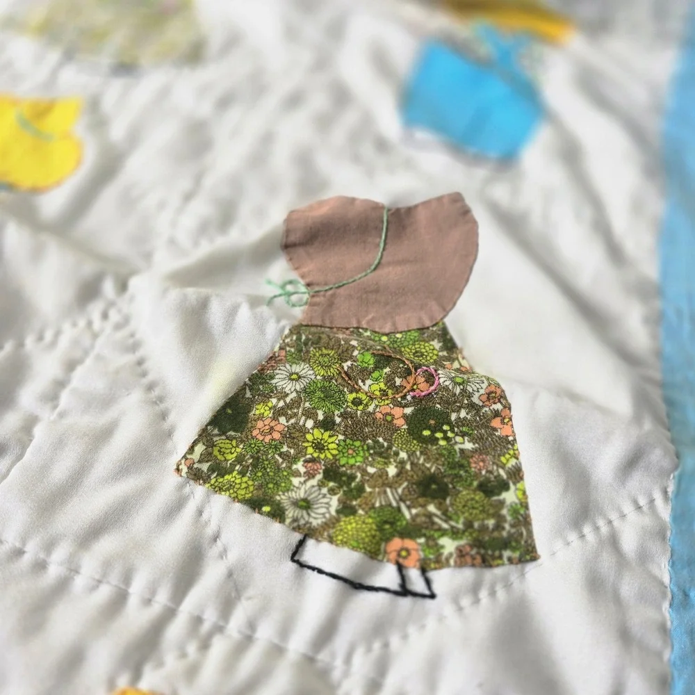 Vintage Handmade 1920s Sunbonnet Sue and‎ Overall Sam Quilt  Western Print Back